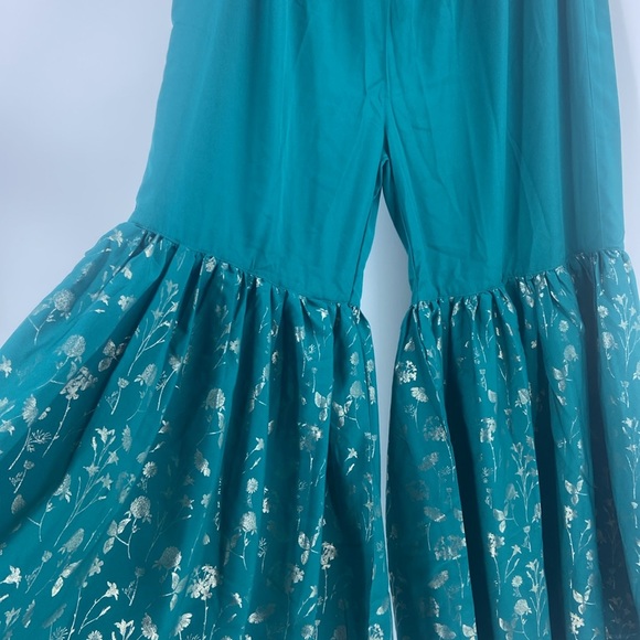 Janasya 2 Peice set teal green tunic & flare bell bottoms gold metallic florals - Picture 10 of 16